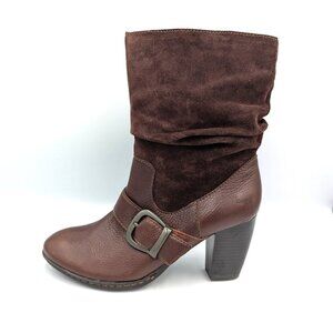BOC Born Mid Slouchy Harness Heel Boot Pull On Brown Leather Suede Womens 7.5